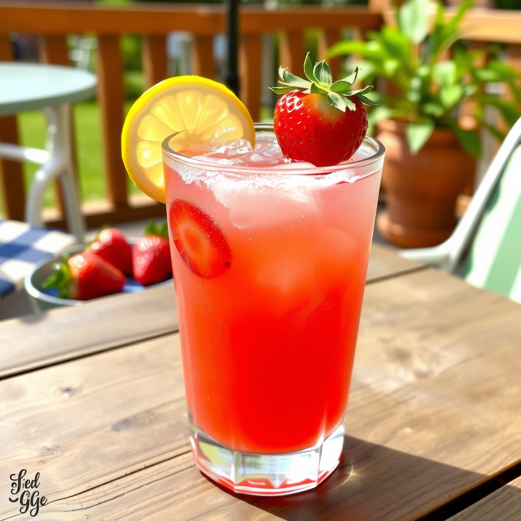 A refreshing glass of Strawberry Gin Fizz with strawberries and lemon garnish on a patio table.